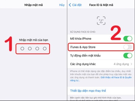 Bước 3: Vào Cài đặt => Face ID & Mật mã (hoặc Touch ID & Mật mã) => nhập mật khẩu mở điện thoại => chọn Sử dụng Face ID => kéo thanh công tắc sang trái để tắt.